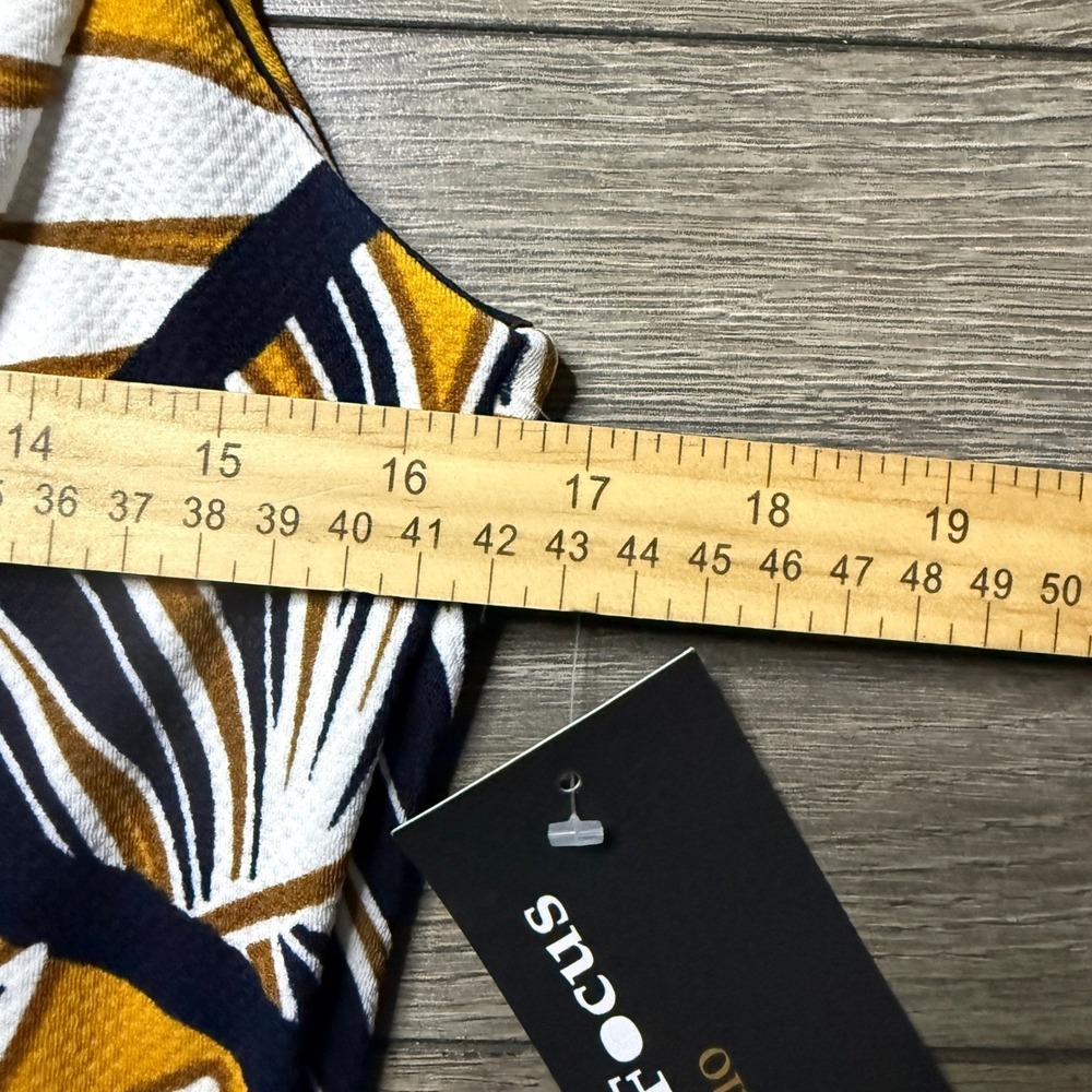 EnFocus Studio Womens 8 Tropical Palm Leaf Print A-Line Dress Mustard Navy NWT - Picture 5 of 7